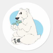 polar bear eating fish round sticker