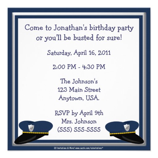 Police Hat Cop Theme Birthday Party Personalized Invites