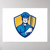 Policeman Police Officer Baton Shield Retro Poster