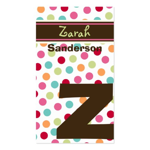Polka Color Candy Dots Monogram Alphabet Fun Cute Business Card Template (front side)