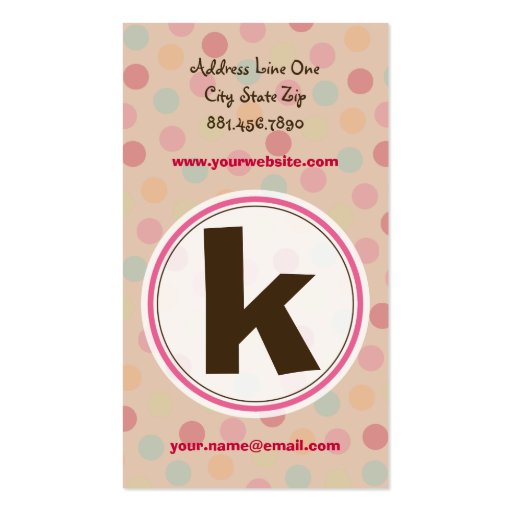 Polka Color Candy Dots Monogram Alphabet Fun Cute Business Card Templates (back side)