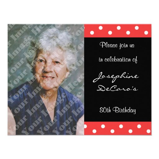 Polka Dot And Red Bubble 80th Birthday Celebration Personalized Announcement (front side)