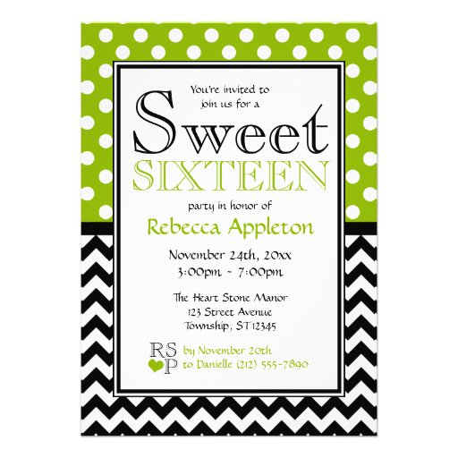 Polka Dot Apple Green Chevron Sweet Sixteen Custom Invites