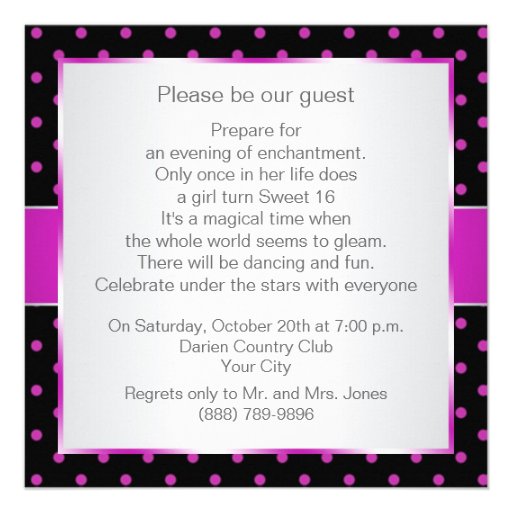 Polka dot black and hot pink Sweet 16 Invitation