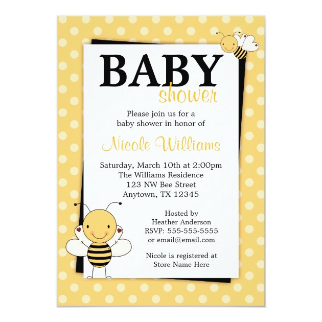 Polka Dot Bumble Bee Baby Shower Invitations (front side)