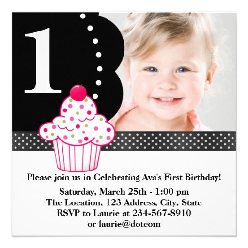 Polka Dot Cupcake Girls Photo 1st Birthday Party Personalized Invite