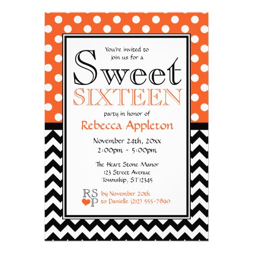 Polka Dot Orange Chevron Sweet Sixteen Invitations