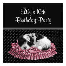 Polka Dot Puppy Girl's 10th Birthday Party Announcements