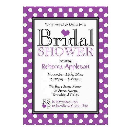 Polka Dot Purple Heart Bridal Shower Invitations