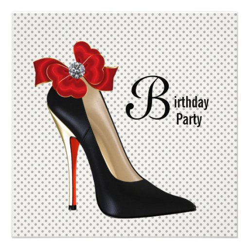 Polka Dot Red Black High Heel Shoe Birthday Party Custom Invitation