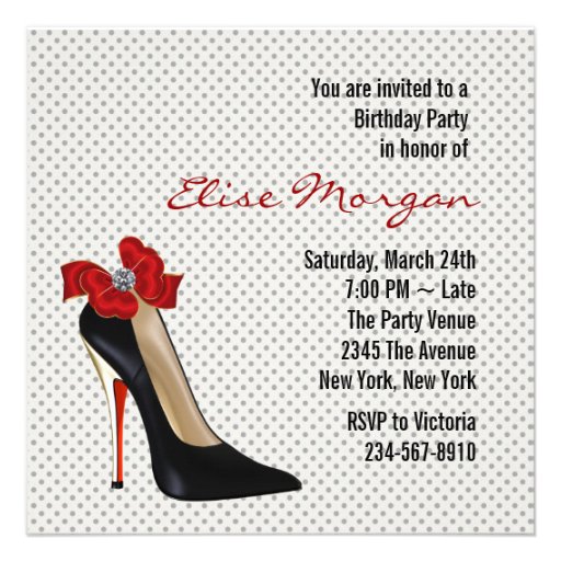 Polka Dot Red Black High Heel Shoe Birthday Party Custom Invitation