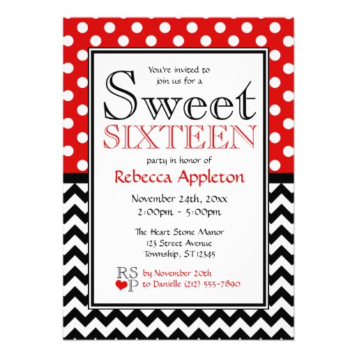 Polka Dot Red & Chevron Sweet Sixteen Invitations