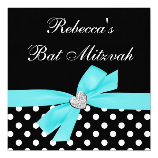 Polka Dot Teal Blue Black Bow Heart Bat Mitzvah Announcement