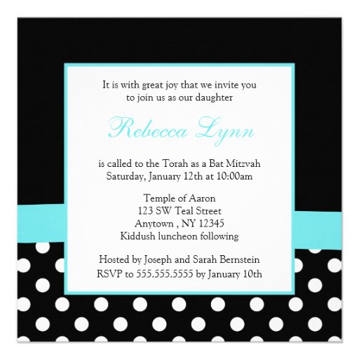 Polka Dot Teal Blue Black Bow Heart Bat Mitzvah Announcement