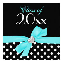 Polka Dot Teal Blue Bow Heart Graduation Party Personalized Invitation
