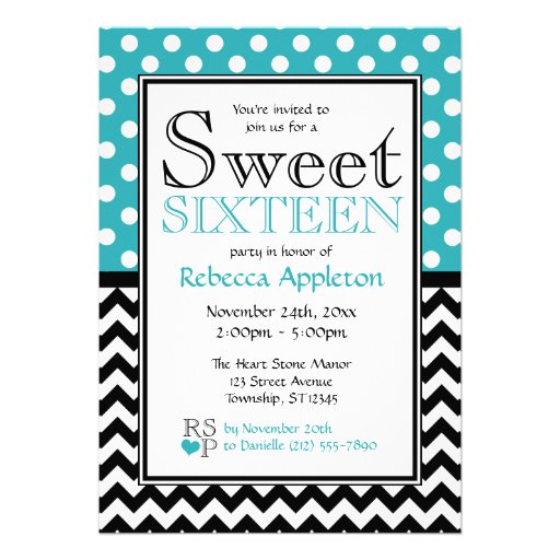 Polka Dot Turquoise & Chevron Sweet Sixteen Personalized Invitations