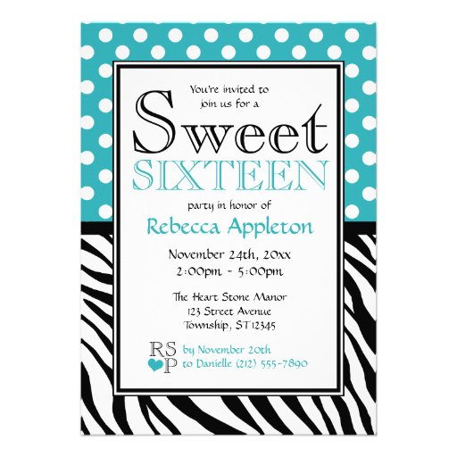 Polka Dot Turquoise & Zebra Print Sweet Sixteen Personalized Invitations