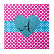Polka dots pink and white monogram ceramic tiles