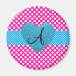 Polka dots pink and white monogram fridge magnet