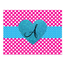 Polka dots pink and white monogram postcard
