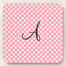 Polka dots pink white monogram drink coasters