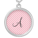 Polka dots pink white monogram necklace