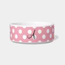Polka dots pink white monogram pet bowls