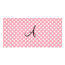 Polka dots pink white monogram photo card template