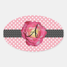 Polka dots pink white monogram pink rose oval sticker