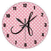 Pink and white Polka dots with black personalizable monogram round wall clock
