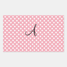 Polka dots pink white monogram rectangular stickers