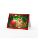 Pomeranian  Christmas Card Red Ball Green