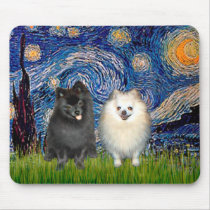 Pomeranian Pair (B+W)-Starry Night mousepads by masterpiecedogs Pomeranian Pair (B+W)-Starry Night mousepads