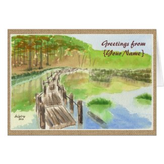 Pond Rickety Wooden Bridge Watercolor Painting Greeting Cards
