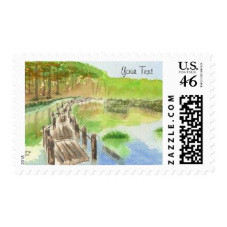 Pond Rickety Wooden Bridge Watercolor Painting Stamps