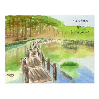 Pond Rickety Wooden Bridge Watercolor Painting Postcards