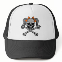 Ponytail skull and crossbones with orange bows trucker hat