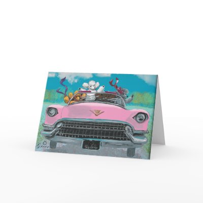 Poodles in Pink Cadillac Retro Print Card