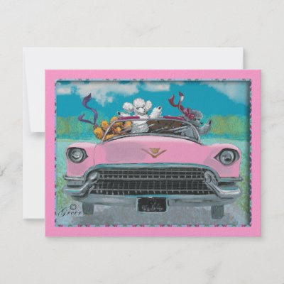 Funny and whimsical print of oodles of poodles in a vintage Cadillac