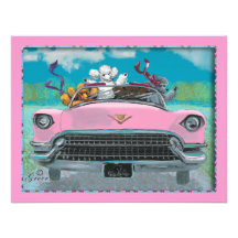 Poodles in Pink Cadillac Retro Print Invitation