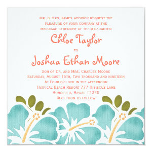 Pool and Coral Hibiscus Wedding Invitations 5.25