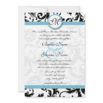 Pool Blue Damask Swirls Wedding Invitation 5 x 7