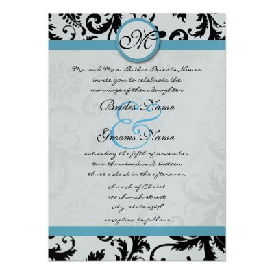 Pool Blue Damask Swirls Wedding Invitation 5 x 7