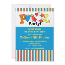 Pool Party Birthday Invitation Bright Stripes!