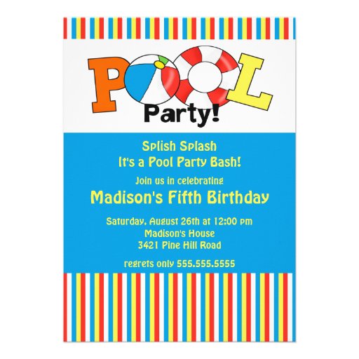 Pool Party Birthday Invitation Bright Stripes! (front side)