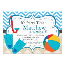 Pool Party Blue Chevron and Tan Argyle Birthday Invitations