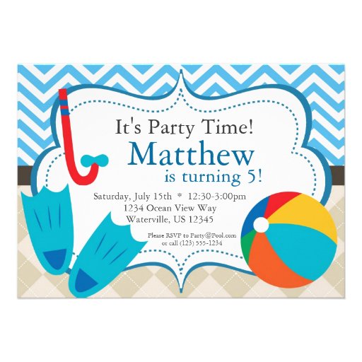 Pool Party Blue Chevron and Tan Argyle Birthday Invitations (front side)