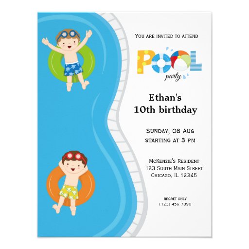 Pool Party (boy) Personalized Invitations (front side)