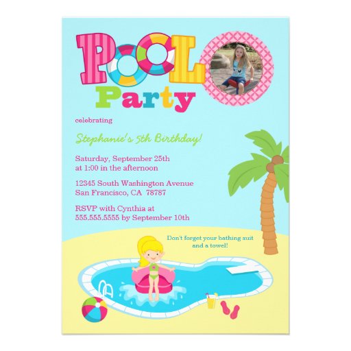 Pool party girls photo birthday party invitation (front side)