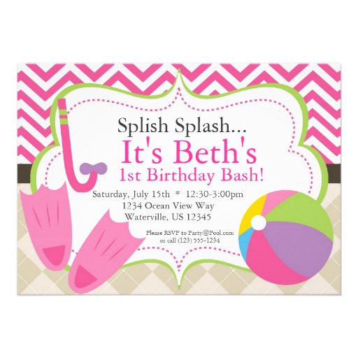 Pool Party Hot Pink Chevron and Tan Argyle Invite (front side)